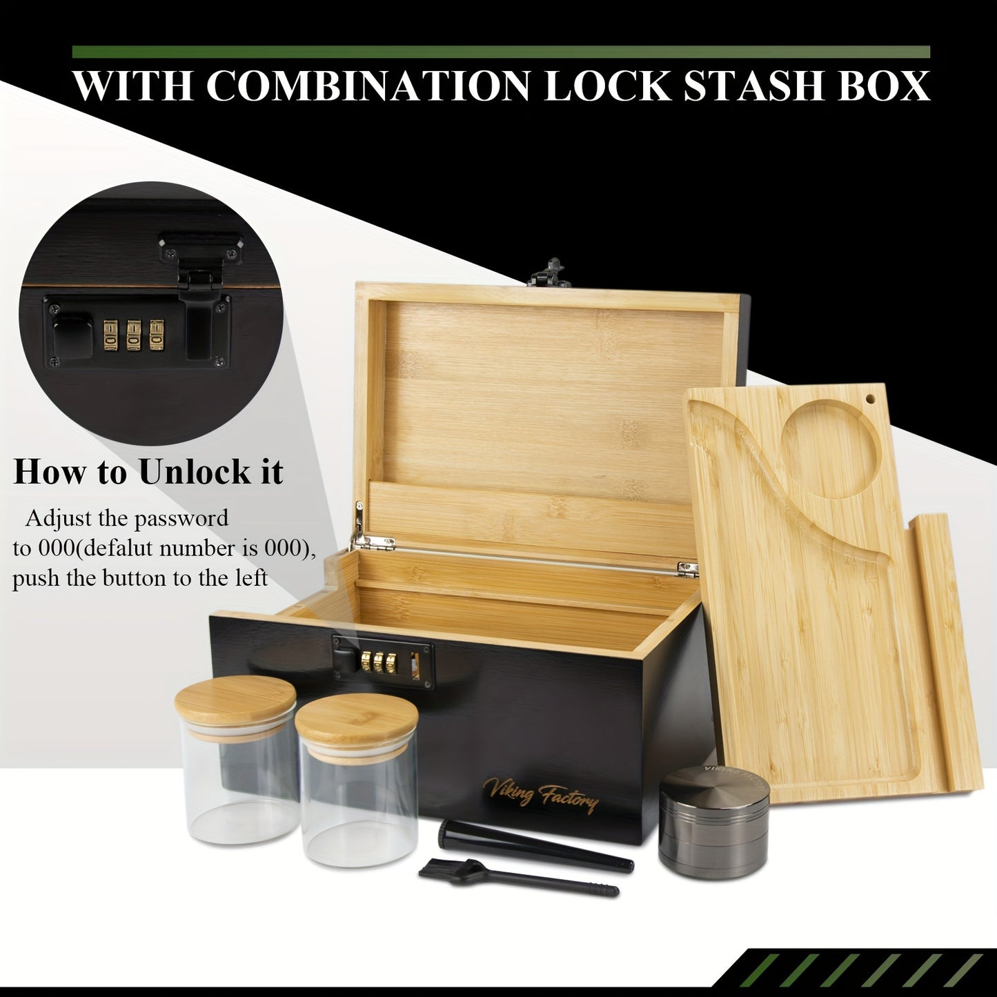 Stash Box With Rolling Tray, Includes Grinder, Glass Jars, Brush Lidded Storage Bins