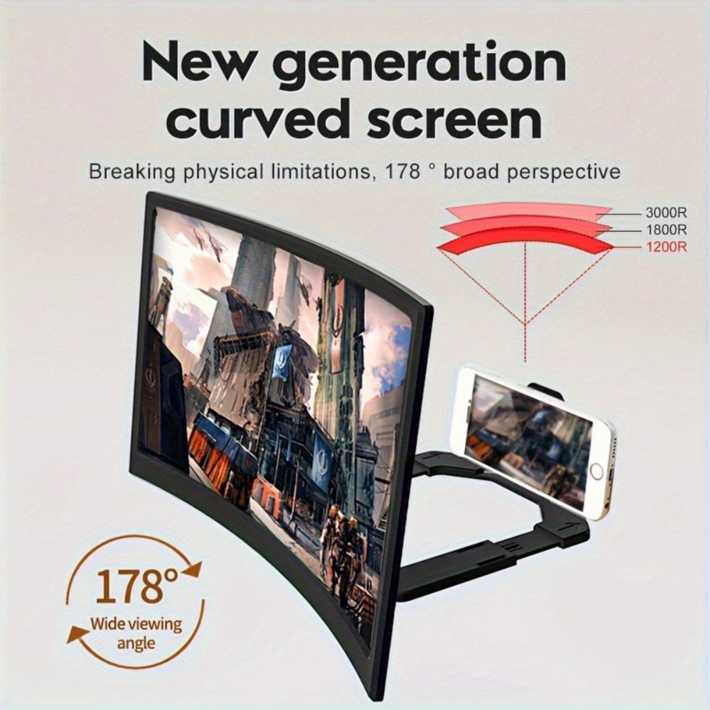 12-Inch Curved HD Mobile Phone Screen Amplifier - 1:1 Isotropic Magnification, with Screen Enlarger Compatible with All Smartphones - Supports Multiple Viewing Angles and Portrait/ Landscape Modes, Black