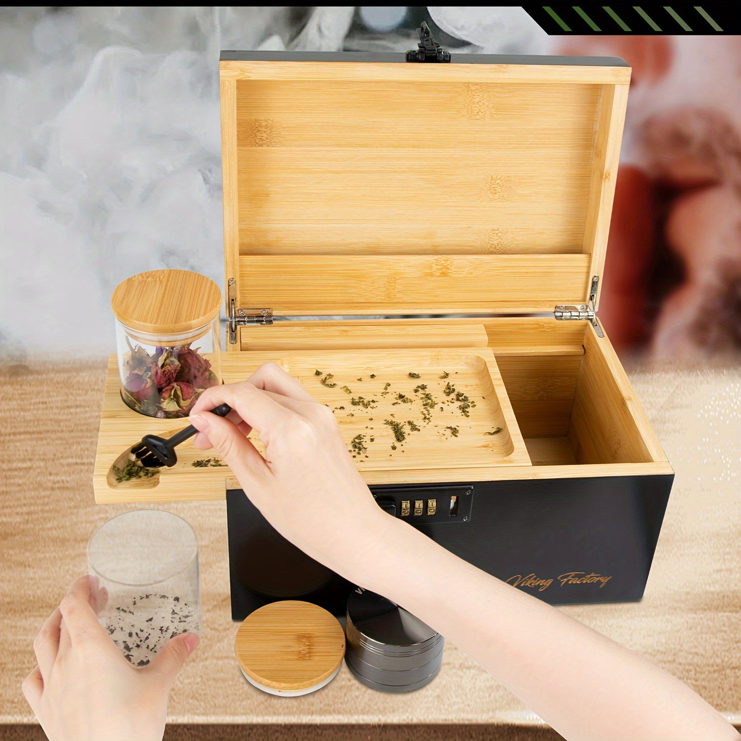 Stash Box With Rolling Tray, Includes Grinder, Glass Jars, Brush Lidded Storage Bins