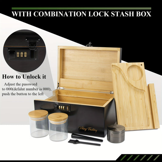 Stash Box With Rolling Tray, Includes Grinder, Glass Jars, Brush Lidded Storage Bins